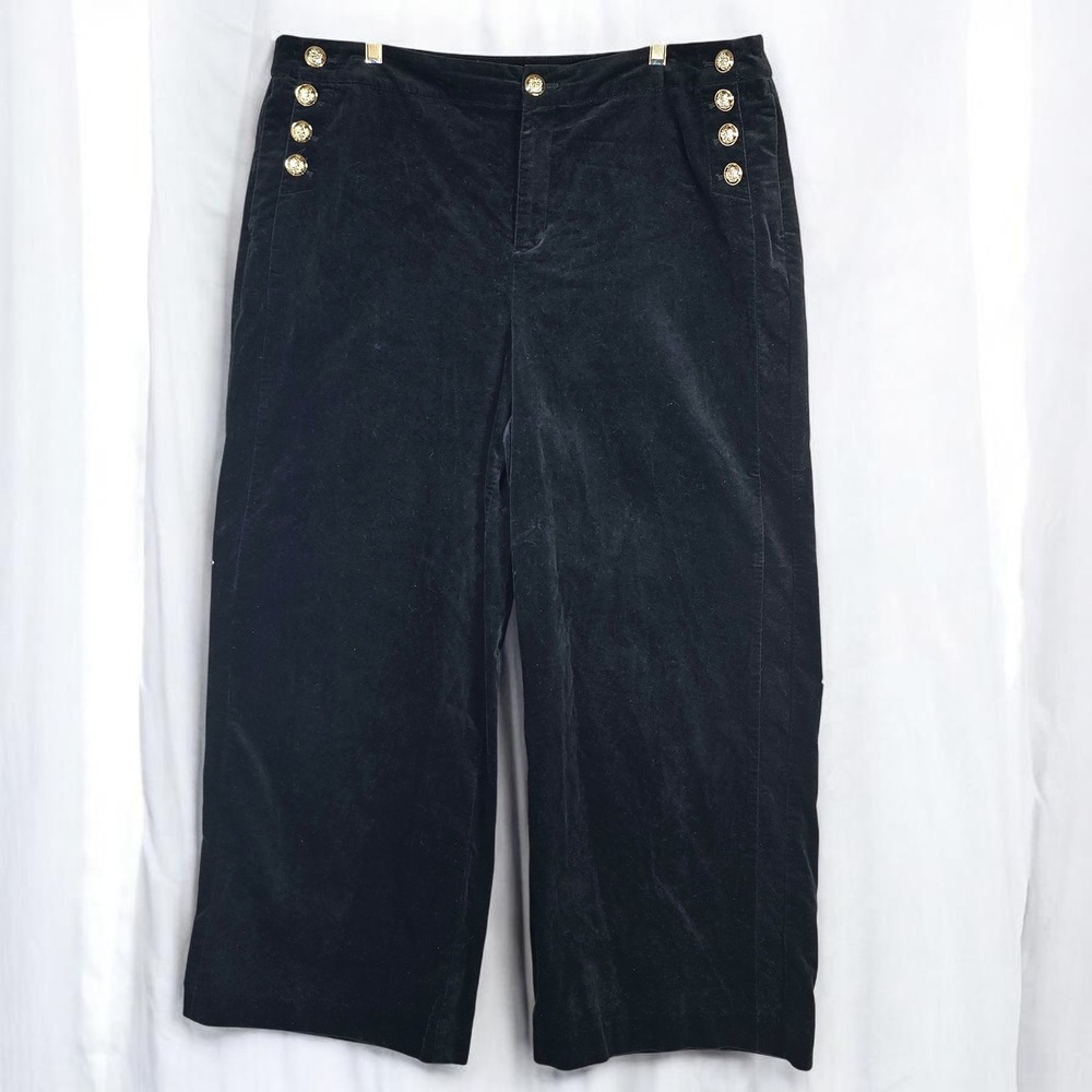 Charter Club Pants Women 18 Black‎ Velvet Sailor Wide Leg Cropped Gold Buttons